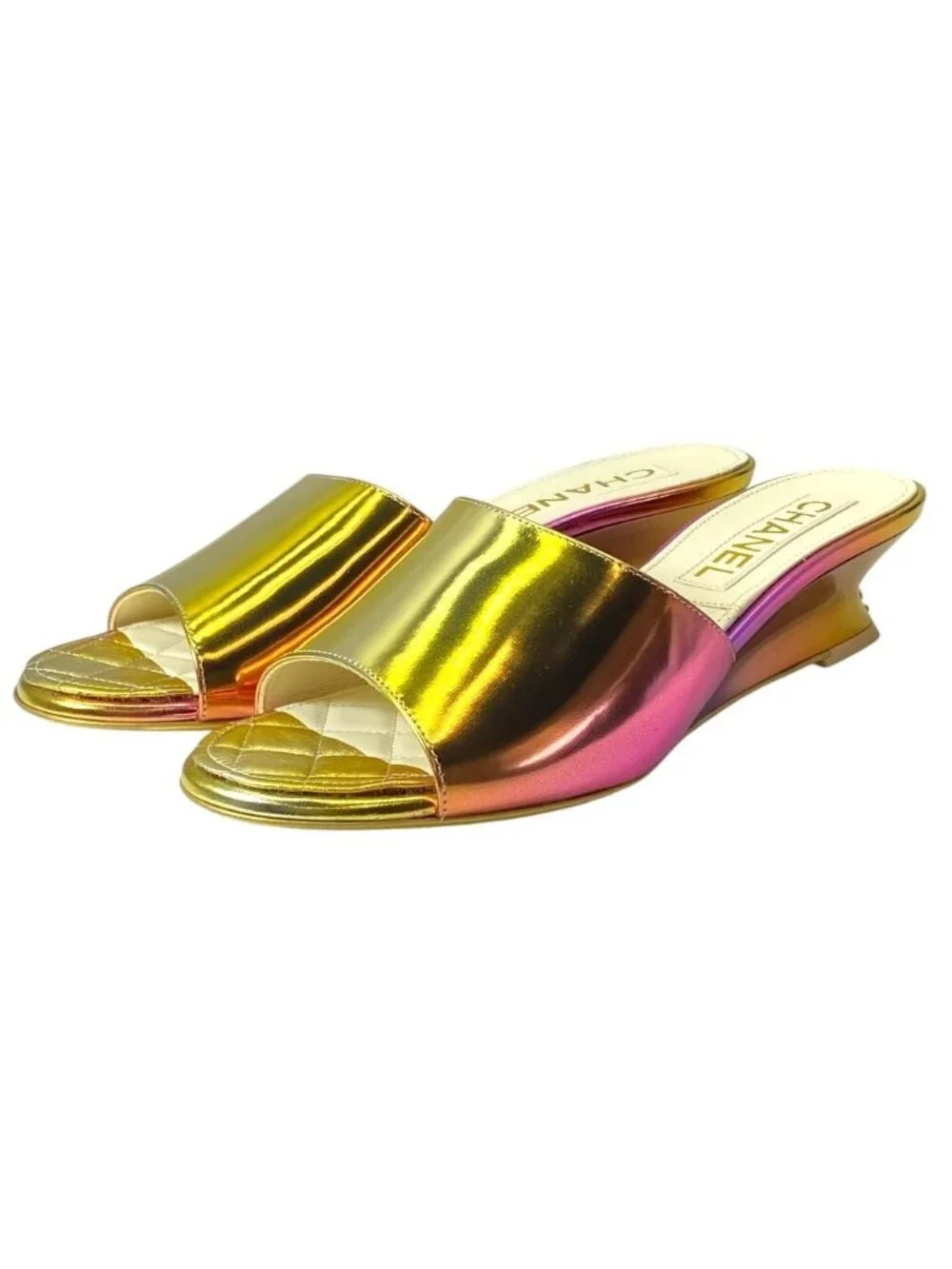 Chanel CC Logo Sandals Rainbow Aurora Leather Gold Pink